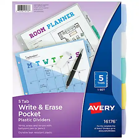Discount Avery&reg; Write & Erase Pocket Plastic Dividers For 3 Ring Binders, 9-1/4" x 11-1/4", 5-Tab Set, Multicolor, 1 Set
