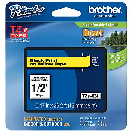 Brother&reg; TZe-631 Black-On-Yellow Tape, 0.5" x 26.2' Premium