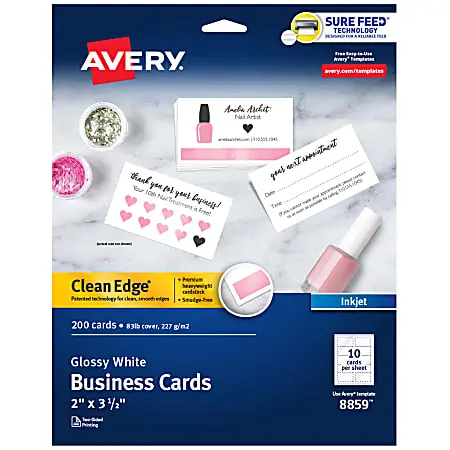 Avery&reg; Clean Edge&reg; Printable Business Cards With Sure Feed&reg; Technology For Inkjet Printers, 2" x 3.5", Glossy White, 200 Blank Cards Buy Online