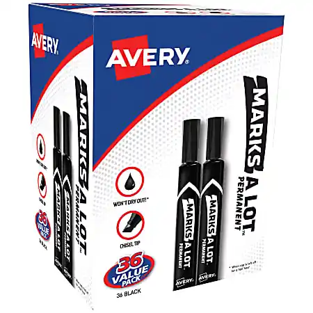 Avery&reg; Marks A Lot&reg; Permanent Markers, Chisel Tip, Large Desk-Style Size, Black, Pack Of 36 Worldwide Shipping