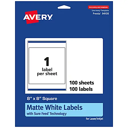 Avery&reg; Permanent Labels With Sure Feed&reg;, 94108-WMP100, Square, 8" x 8", White, Pack Of 100 Fast Shipping