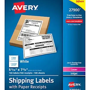 Avery&reg; Shipping Labels With Paper Receipts, 27900, 5 1/16" x 7 5/8", White, Pack Of 100 Same Day Shipping