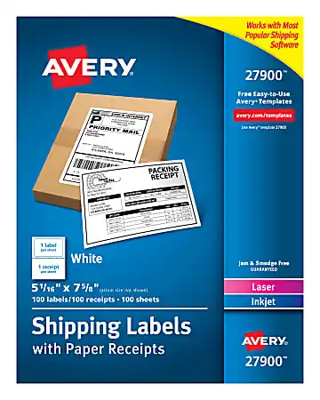 Avery® Shipping Labels With Paper Receipts, 27900, 5 1/16" x 7 5/8", White, Pack Of 100 Same Day Shipping