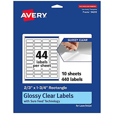 In Demand Avery&reg; Glossy Permanent Labels With Sure Feed&reg;, 94209-CGF10, Rectangle, 2/3" x 1-3/4", Clear, Pack Of 440
