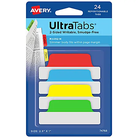 Limited Offer Avery&reg; Margin Ultra Tabs&reg;, 2.5" x 1", Assorted Primary, Set Of 24 Repositionable Tabs