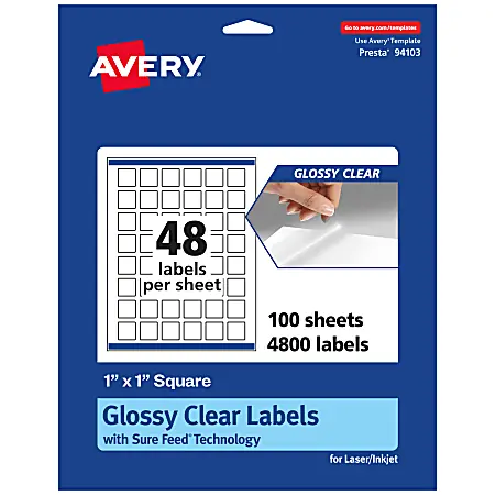 Avery&reg; Glossy Permanent Labels With Sure Feed&reg;, 94103-CGF100, Square, 1" x 1", Clear, Pack Of 4,800 Price Cut