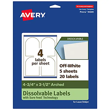 Reduced Price Avery&reg; Print-to-the-Edge Dissolvable Labels With Sure Feed&reg; Technology, 94600-DWMP5, Arched, 4-3/4"x3-1/2", Matte Off-White, Pack Of 20