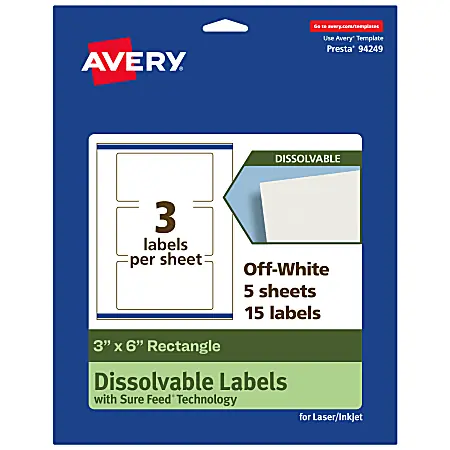 Avery&reg; Print-to-the-Edge Dissolvable Labels With Sure Feed&reg; Technology, 94249-DWMP5, Rectangle, 3"x6", Matte Off-White, Pack Of 15 Markdown
