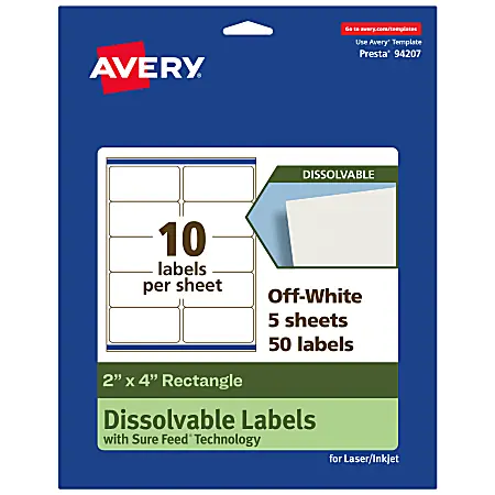 Hot Picks Avery&reg; Dissolvable Labels With Sure Feed&reg; Technology, 94207-DWMP5, Rectangle, 2"x4", Matte Off-White, Pack Of 50