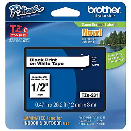 Big Sale Brother&reg; TZe-231 Black-On-White Tape, 0.5" x 26.2'