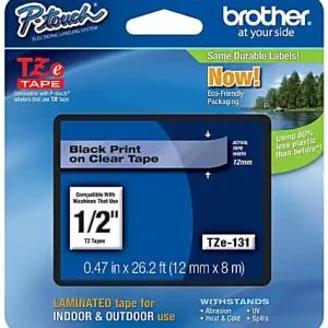 Genuine Brother&reg; TZe-131 Black-On-Clear Tape, 0.5" x 26.2'