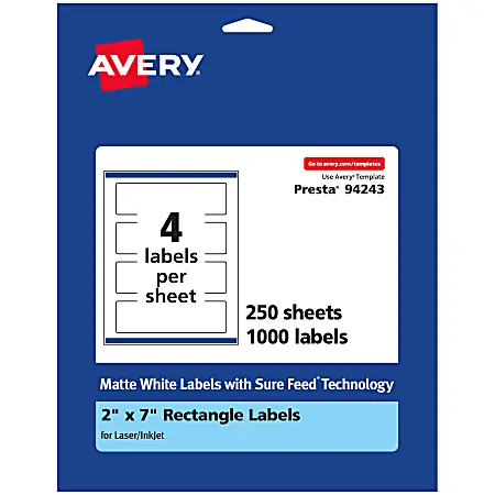 Secure Checkout Avery&reg; Permanent Labels With Sure Feed&reg;, 94243-WMP250, Rectangle, 2" x 7", White, Pack Of 1,000
