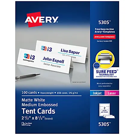 Avery&reg; Printable Tent Cards With Sure Feed&reg; Technology, 2.5" x 8.5", White With Embossed Border, 100 Blank Place Cards Price Drop