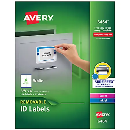 Editor’s Pick Avery&reg; Removable ID Labels With Sure Feed&reg; Technology, 6464, Rectangle, 3-1/3" x 4", White, Pack Of 150