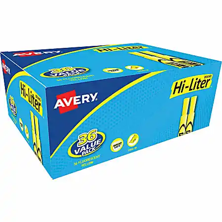 Avery&reg; Hi-Liter Desk Style Highlighters, Chisel Point, Fluorescent Yellow, Box Of 36 Highlighters Trusted Brand