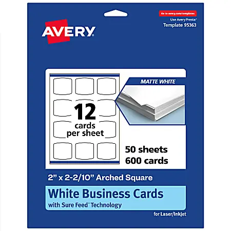 Avery&reg; Print-To-The-Edge Business Cards With Sure Feed&reg; Technology, 2"x2-2/10" Arched Square, Matte White, Pack Of 600 Same Day Shipping