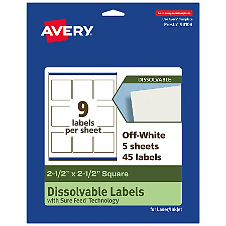 Affordable Avery&reg; Dissolvable Labels With Sure Feed&reg; Technology, 94104-DWMP5, Square, 2-1/2"x2-1/2", Matte Off-White, Pack Of 45