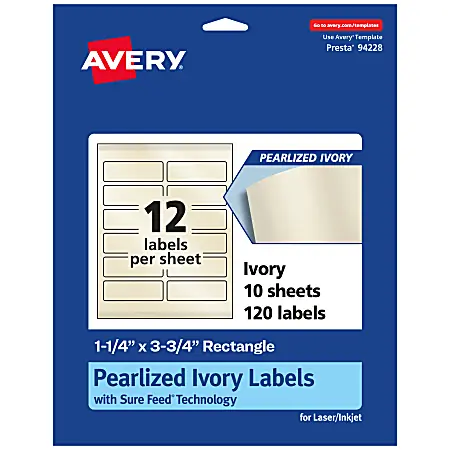 Warranty Included Avery&reg; Pearlized Permanent Labels With Sure Feed&reg;, 94228-PIP10, Rectangle, 1-1/4" x 3-3/4", Ivory, Pack Of 120 Labels