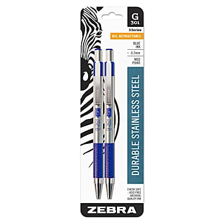 Zebra&reg; Pen G-301&reg; Retractable Gel Pens, Pack Of 2, Medium Point, 0.7 mm, Silver Barrel, Blue Ink Order Now