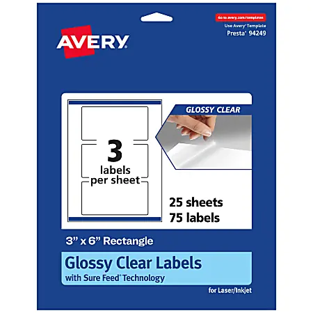 Avery&reg; Glossy Permanent Labels With Sure Feed&reg;, 94249-CGF25, Rectangle, 3" x 6", Clear, Pack Of 75 Top Pick