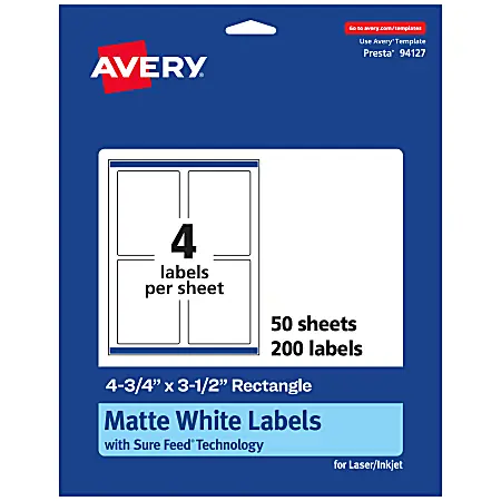 Avery&reg; Permanent Labels With Sure Feed&reg;, 94127-WMP50, Rectangle, 4-3/4" x 3-1/2", White, Pack Of 200 Direct From Manufacturer