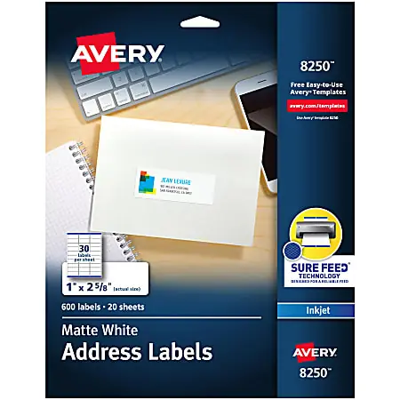 Avery&reg; Address Labels With Sure Feed&reg; Technology, 8250, Rectangle, 1" x 2-5/8", White, Pack Of 600 Labels Get Yours