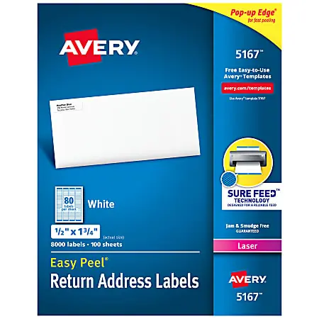 Avery&reg; Easy Peel&reg; Address Labels With Sure Feed&reg; Technology, 5167, Rectangle, 1/2" x 1-3/4", Matte White, Box Of 8,000 Viral