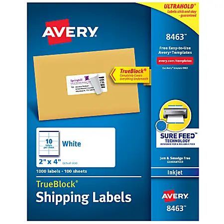 Hot Picks Avery&reg; TrueBlock&reg; Shipping Labels With Sure Feed&reg; Technology, 8463, Rectangle, 2" x 4", White, Pack Of 1,000