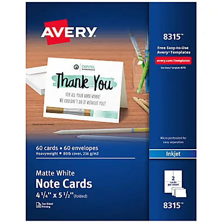 Clearance Avery&reg; Printable Note Cards With Envelopes, 4.25" x 5.5", Matte White, 60 Blank Note Cards For Inkjet Printers