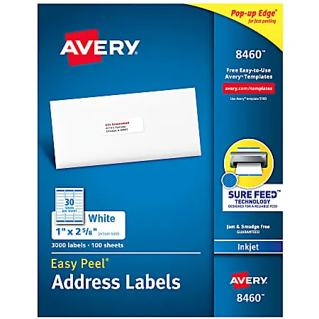 Mega Sale Avery&reg; Easy Peel&reg; Address Labels With Sure Feed&reg; Technology, 8460, Rectangle, 1" x 2-5/8", Matte White, Box Of 3,000