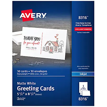 Limited Time Avery&reg; Printable Greeting Cards With Envelopes, Half-Fold, 5.5" x 8.5", Matte White, 30 Blank Greeting Cards