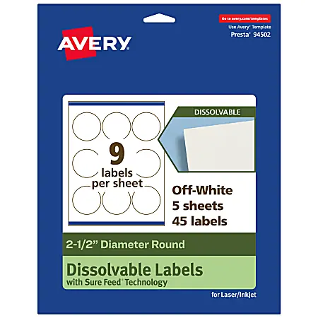 Avery&reg; Print-to-the-Edge Dissolvable Labels With Sure Feed&reg; Technology, 94502-DWMP5, Round, 2-1/2", Matte Off-White, Pack Of 45 Top Pick