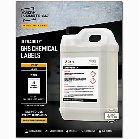 Avery&reg; UltraDuty&reg; GHS Chemical Labels For Laser Printers, Waterproof, UV Resistant, 60504, Square, 4" x 4", White, Pack Of 200 Don’t Miss Out