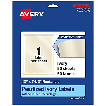 Avery&reg; Pearlized Permanent Labels With Sure Feed&reg;, 94264-PIP50, Rectangle, 10" x 7-1/2", Ivory, Pack Of 50 Labels Save Now
