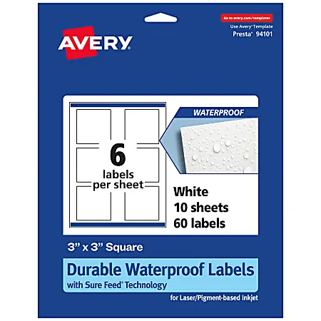 Avery&reg; Waterproof Permanent Labels With Sure Feed&reg;, 94101-WMF10, Square, 3" x 3", White, Pack Of 60 Same Day Shipping