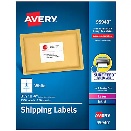 Avery&reg; Shipping Labels With Sure Feed&reg; Technology, 95940, Rectangle, 3-1/3" x 4", White, Pack Of 1,500 Labels Luxury