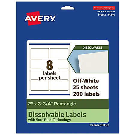 Avery&reg; Print-to-the-Edge Dissolvable Labels With Sure Feed&reg; Technology, 94240-DWMP25, Rectangle, 2"x3-3/4", Matte Off-White, Pack Of 200 Hot Picks