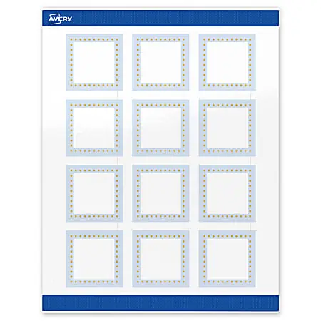 Limited Time Avery&reg; Print-To-The-Edge Labels & Sure Feed&reg;, S00-DME-PRWGP10, 2" x 2", Glossy White, Preprinted Blue Border & Gold Dots Design, Pack Of 120
