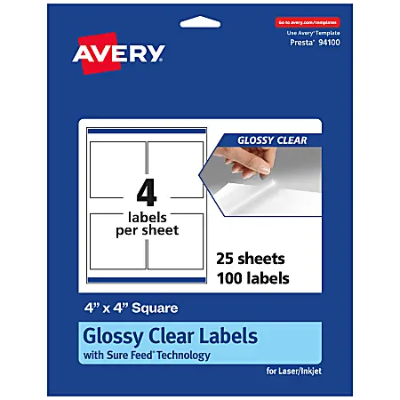 Last Chance Avery&reg; Glossy Permanent Labels With Sure Feed&reg;, 94100-CGF25, Square, 4" x 4", Clear, Pack Of 100