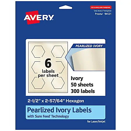 Limited Offer Avery&reg; Pearlized Permanent Labels With Sure Feed&reg;, 94121-PIP50, Hexagon, 2-1/2" x 2-57/64", Ivory, Pack Of 300 Labels