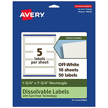 Avery&reg; Print-to-the-Edge Dissolvable Labels With Sure Feed&reg; Technology, 94232-DWMP10, Rectangle, 1-3/4"x7-3/4", Matte Off-White, Pack Of 50 Shop Now