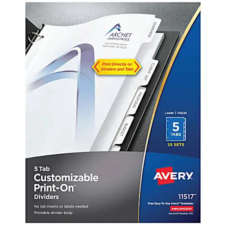 Modern Avery&reg; Customizable Print-On&trade; Dividers, 8 1/2" x 11", 5 Tabs, White, Pack Of 25 Sets