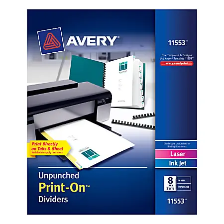 New Arrival Avery&reg; Print-On&trade; Dividers, 8 1/2" x 11", Unpunched, 8-Tab, White Dividers/White Tabs, Pack Of 5 Sets