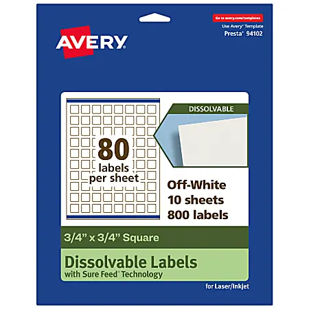 Viral Avery&reg; Print-to-the-Edge Dissolvable Labels With Sure Feed&reg; Technology, 94102-DWMP10, Square, 3/4"x3/4", Matte Off-White, Pack Of 800