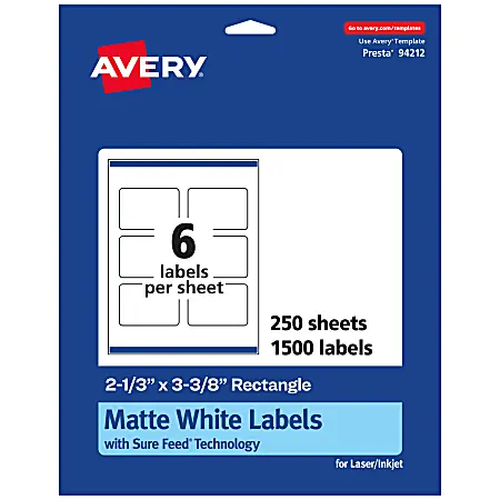 Same Day Shipping Avery&reg; Permanent Labels With Sure Feed&reg;, 94212-WMP250, Rectangle, 2-1/3" x 3-3/8", White, Pack Of 1,500