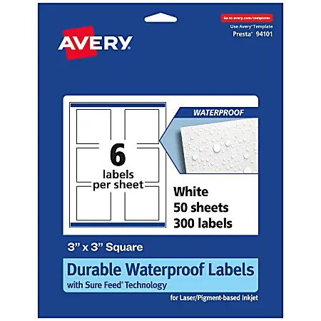 Avery&reg; Waterproof Permanent Labels With Sure Feed&reg;, 94101-WMF50, Square, 3" x 3", White, Pack Of 300 Fan Favorite
