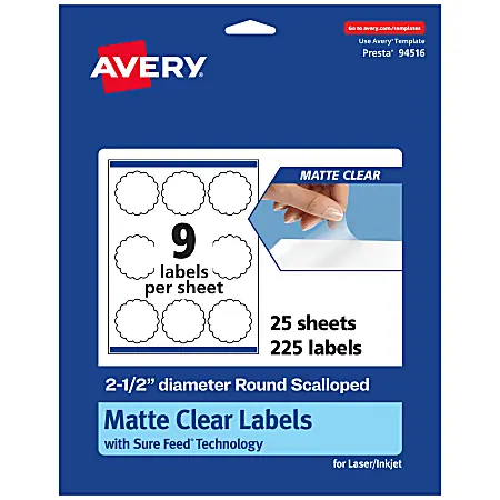 Avery&reg; Permanent Labels With Sure Feed&reg;, 94516-CMF25, Round Scalloped, 2-1/2", Matte Clear, Pack Of 225 Order Now
