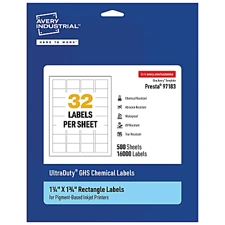 Avery&reg; Ultra Duty&reg; Permanent GHS Chemical Labels, 97183-WMUI500, Rectangle, 1-1/4" x 1-3/4", White, Pack Of 16,000 Crafted