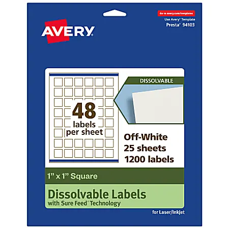 Buy Online Avery&reg; Print-to-the-Edge Dissolvable Labels With Sure Feed&reg; Technology, 94103-DWMP25, Square, 1"x1", Matte Off-White, Pack Of 1200