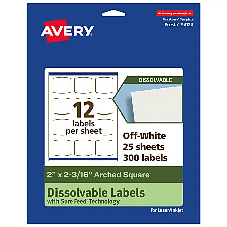 Fan Favorite Avery&reg; Print-to-the-Edge Dissolvable Labels With Sure Feed&reg; Technology, 94124-DWMP25, Arched Square, 2"x2-3/16", Matte Off-White, Pack Of 300
